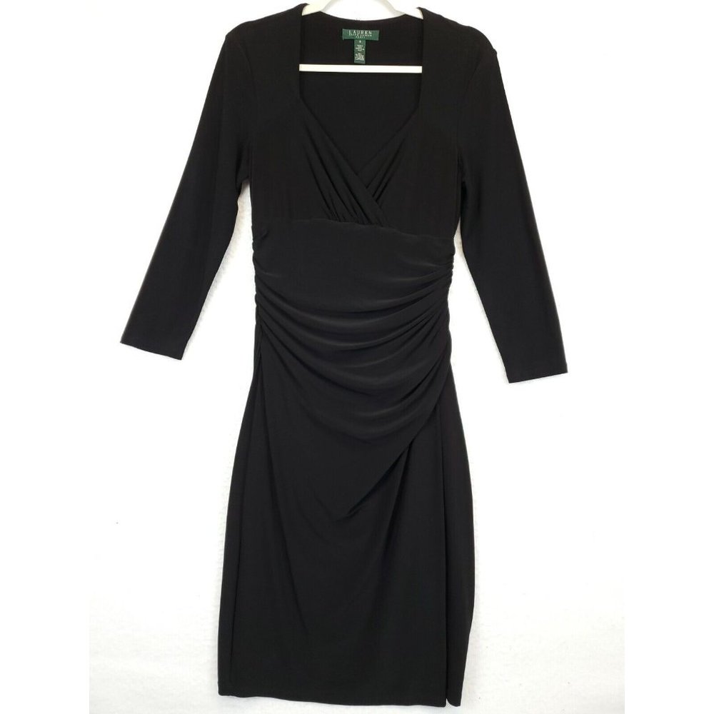 Ralph Lauren Dress Women 8 Faux Wrap Top Ruched Side Stretch Black Long Dress
